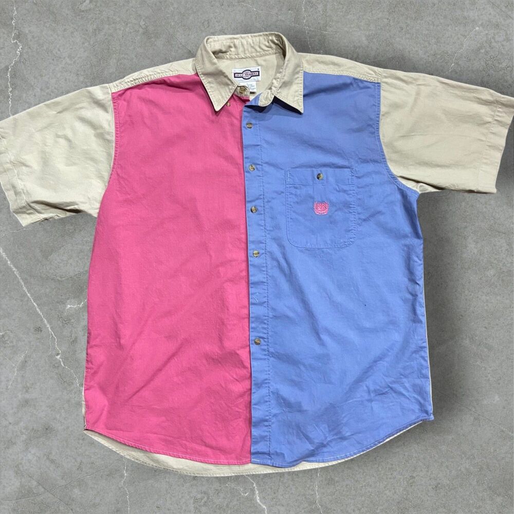 Gulf Traders Vintage 90s Color Block Blue Pink Tan Button Up Shirt Men's Size L